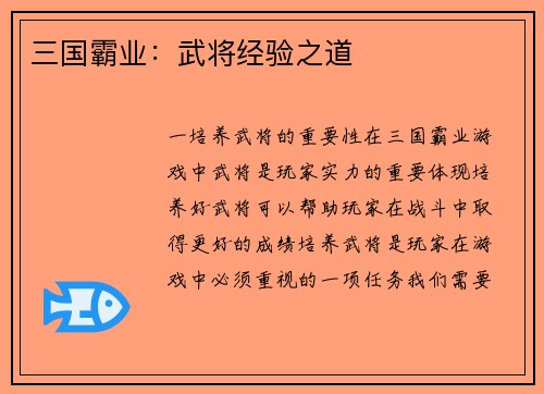 三国霸业：武将经验之道